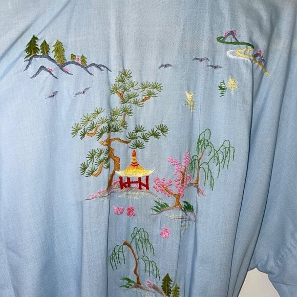 Health Vintage Womens Robe Size Medium Light Blue Hand Embroidered Tie Waist - Picture 9 of 10